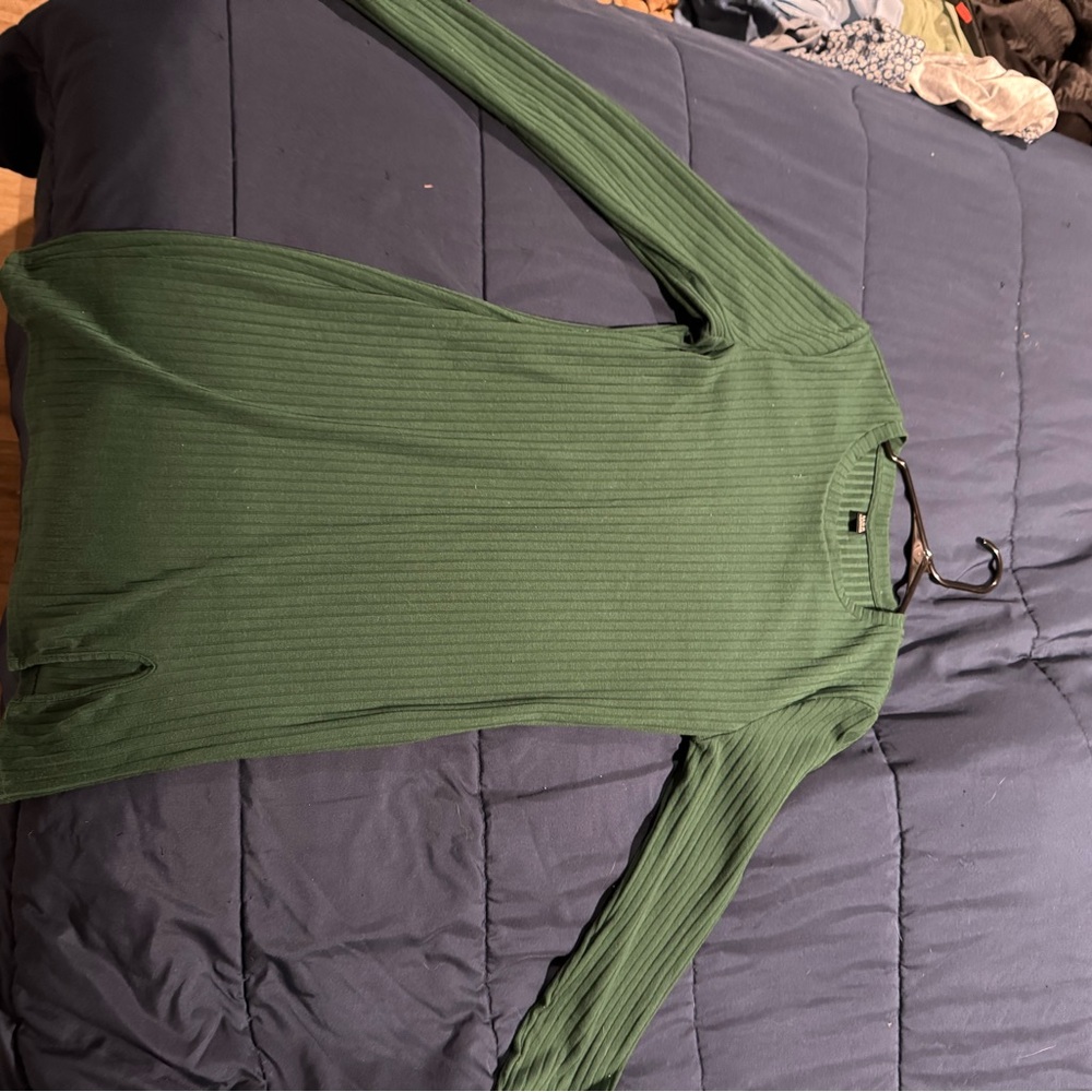 Green Ribbed Long Sleeve Dress